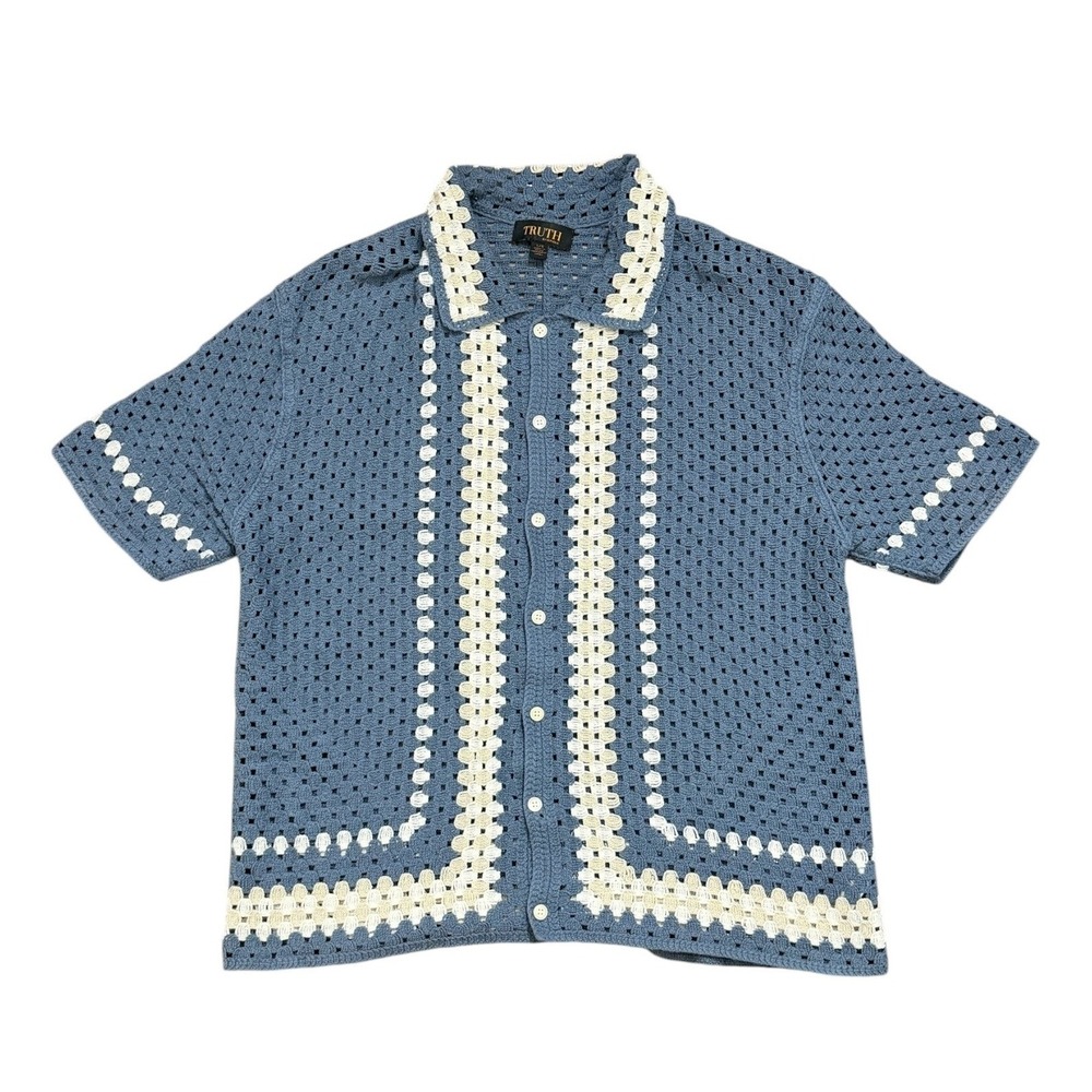 Truth by Republic Coastal Bohemian Blue Crochet Knit Button Up Shirt Mens Large